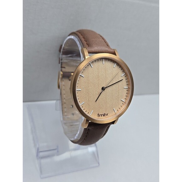 Tmbr The Helm Wood Dial Watch Rose Gold Tone 40mm Brown Leather New Battery - Picture 3 of 12
